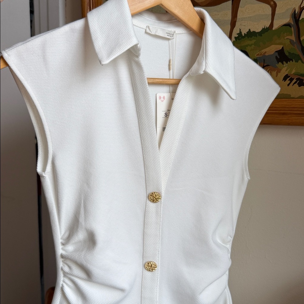 Zara Pique Midi Dress Oyster White Sleeveless & Gold Button Stretch V neck NWT S - Picture 2 of 14